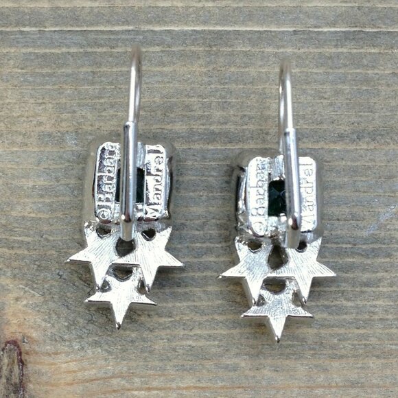 Vintage Barbara Mandrell Stars Green White Rhinestone Silver Tone Drop Earrings - Picture 4 of 4